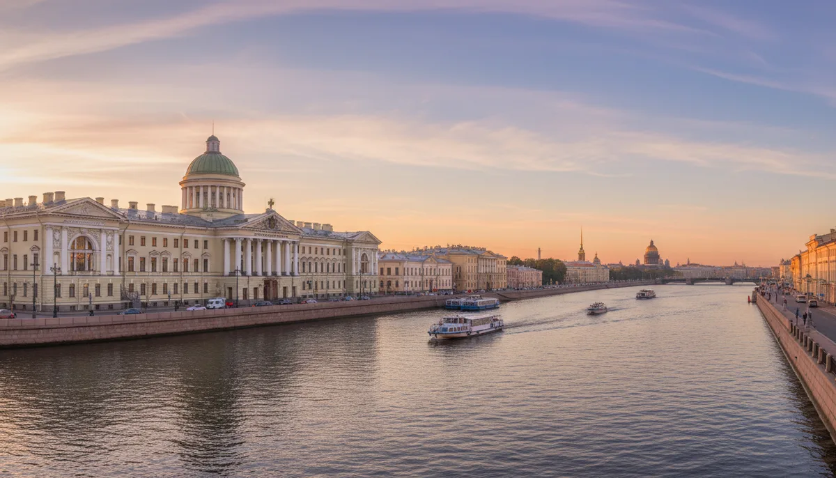 Панорама Санкт-Петербурга, Нева, медицинское здание на набережной, утренний свет