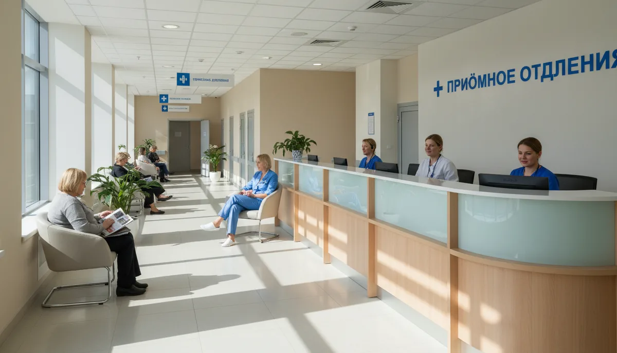 Приёмное отделение медицинской клиники, светлый коридор, медицинский персонал, стойка регистрации